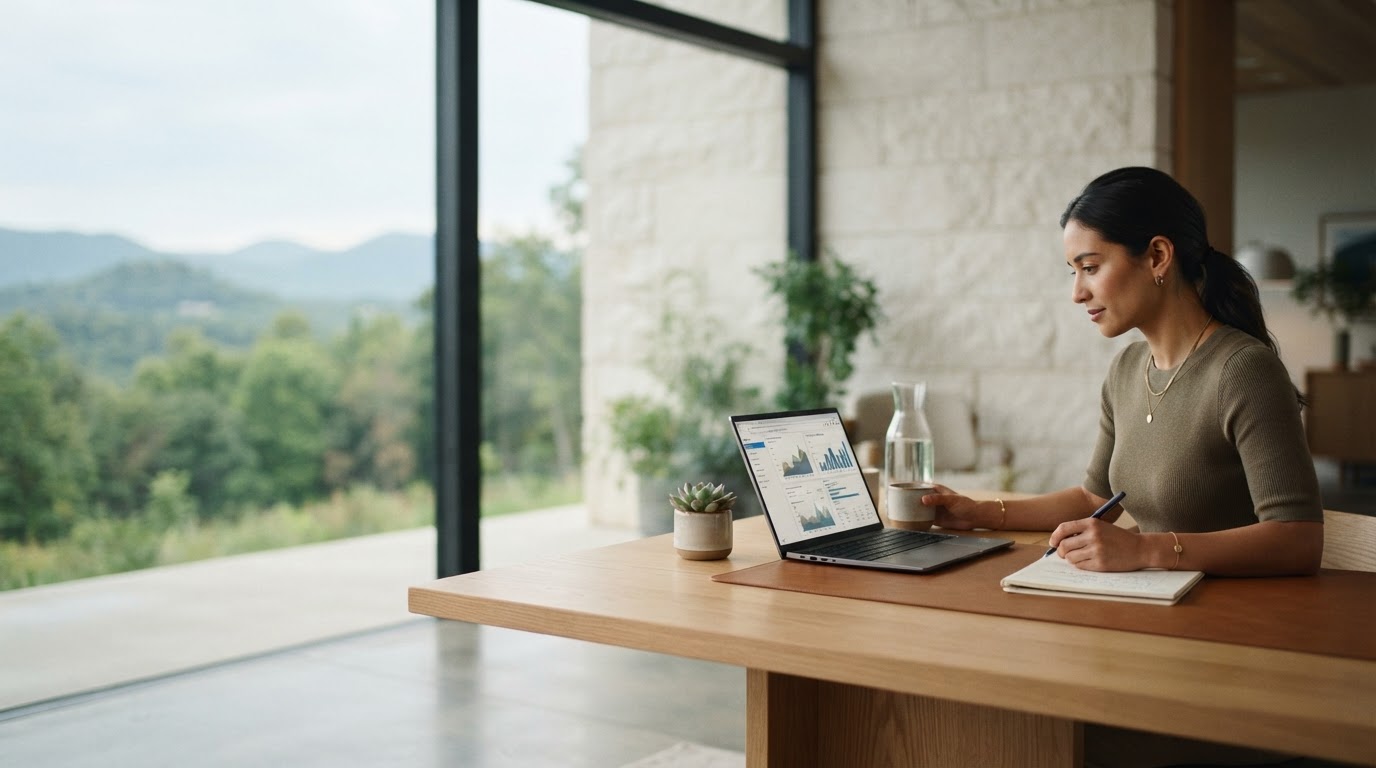 Plataline AI Pro — espacio de trabajo minimalista con laptop mostrando visualizaciones de datos
